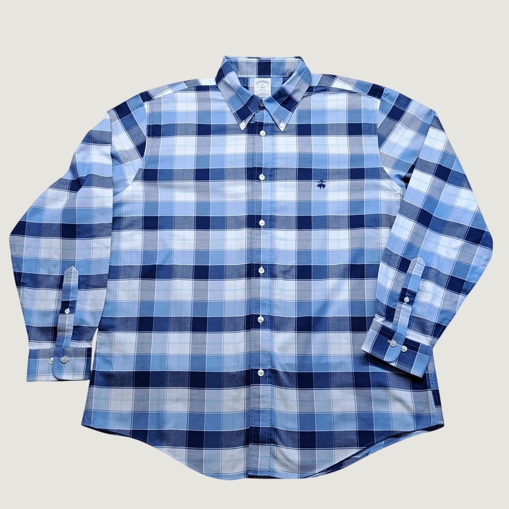 Brooks Brothers Regent Shirt Mens XL Blue Plaid Excellent Non-Iron Supima Cotton